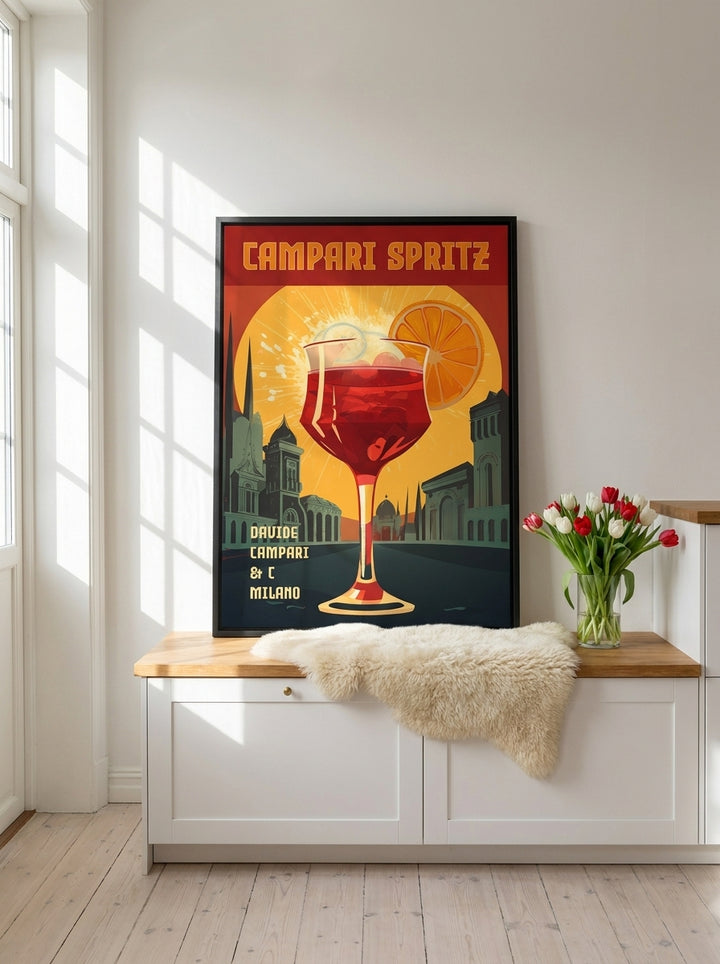 Canvas wall art with a black surround standing on a kitchen bench in a bright Scandinavian kitchen