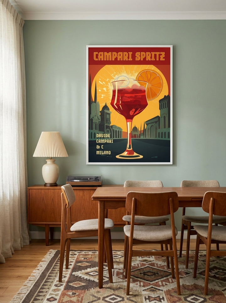 Modern wall art print styled on the wall in a mid-century dining room