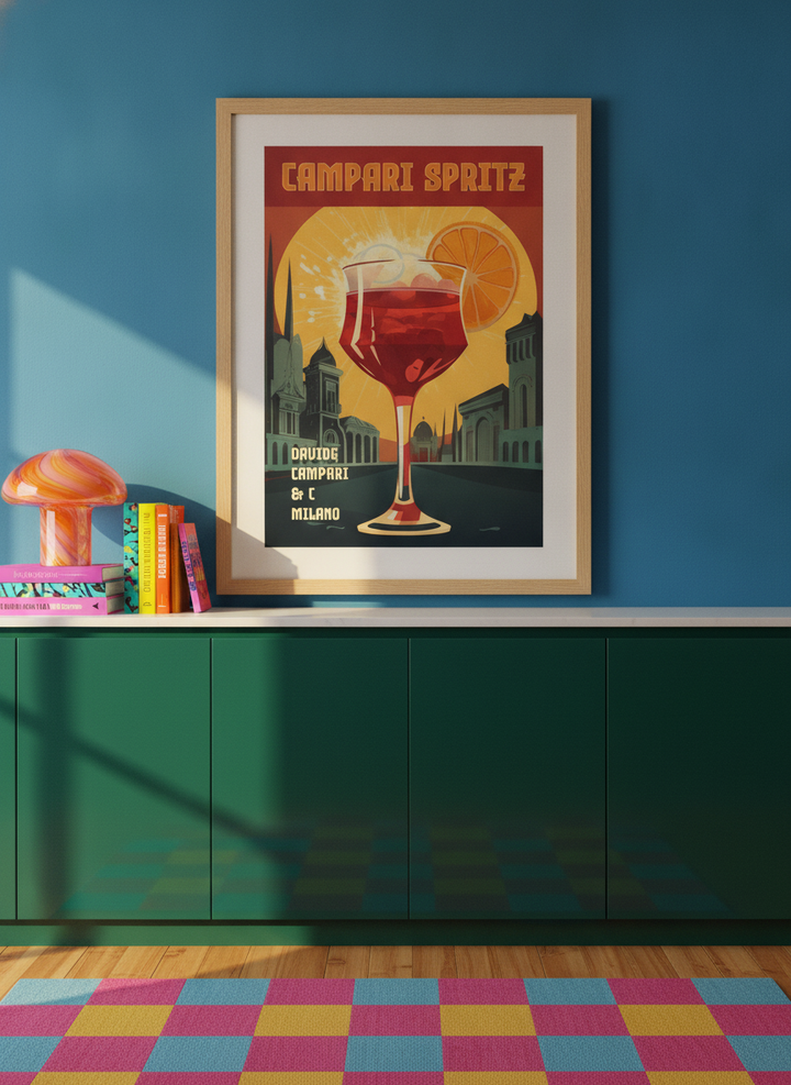 Modern wall art print styled on the wall in a colourful eclectic kitchen