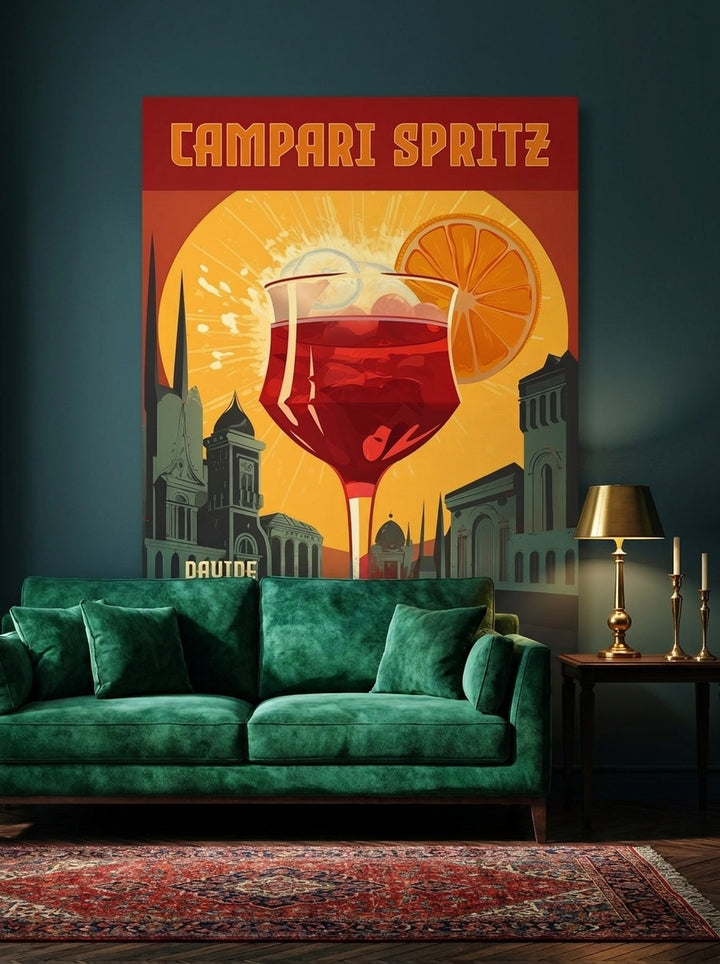 Stretched canvas wall art styled on the wall in a moody living room