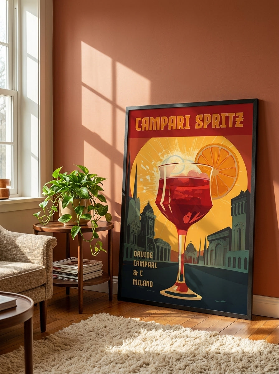 Oversized statement modern wall art print leaning against the wall in a retro 70s dining room