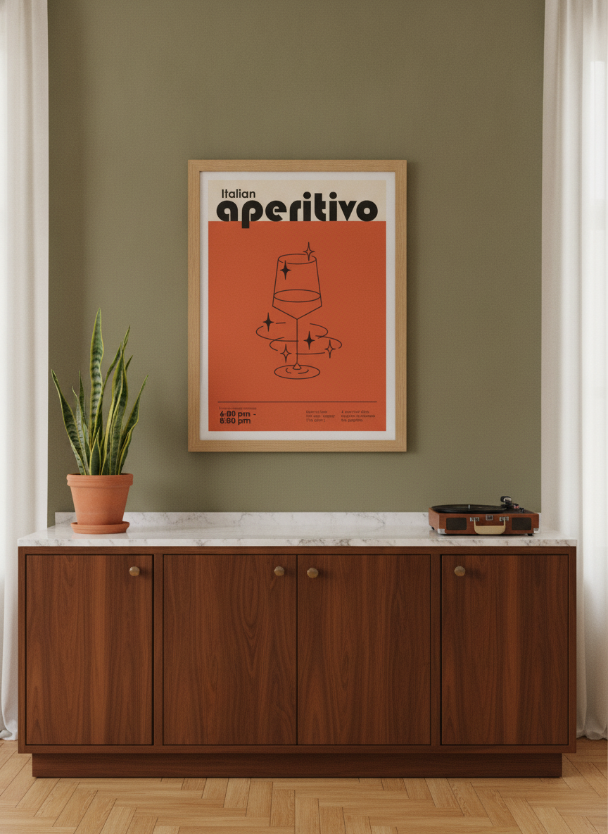 Modern wall art print styled on the wall in a mid-century kitchen