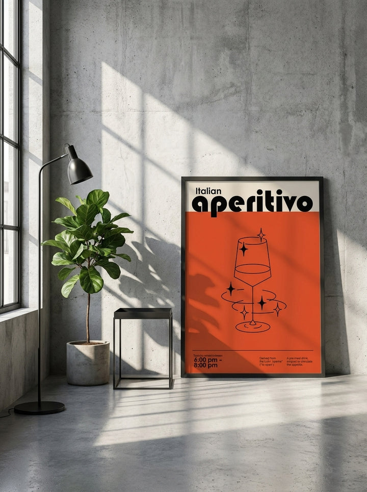 Modern wall art print leaning against the wall in an industrial loft kitchen
