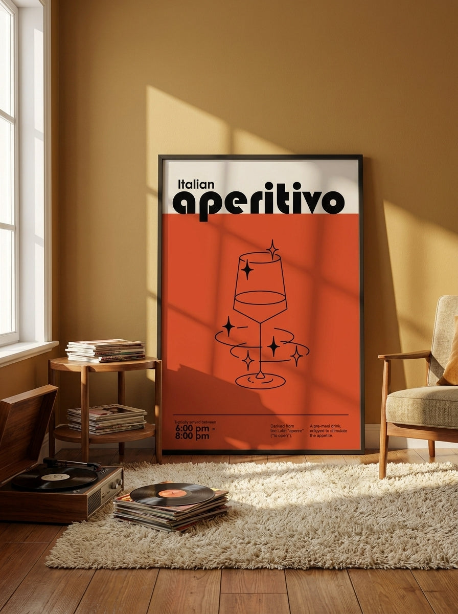 Oversized statement modern wall art print leaning against the wall in a retro 70s dining room