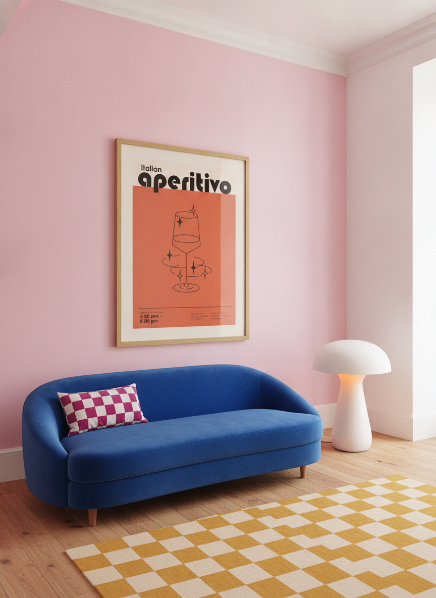 Oversized statement modern wall art print styled on the wall in a colourful eclectic living room