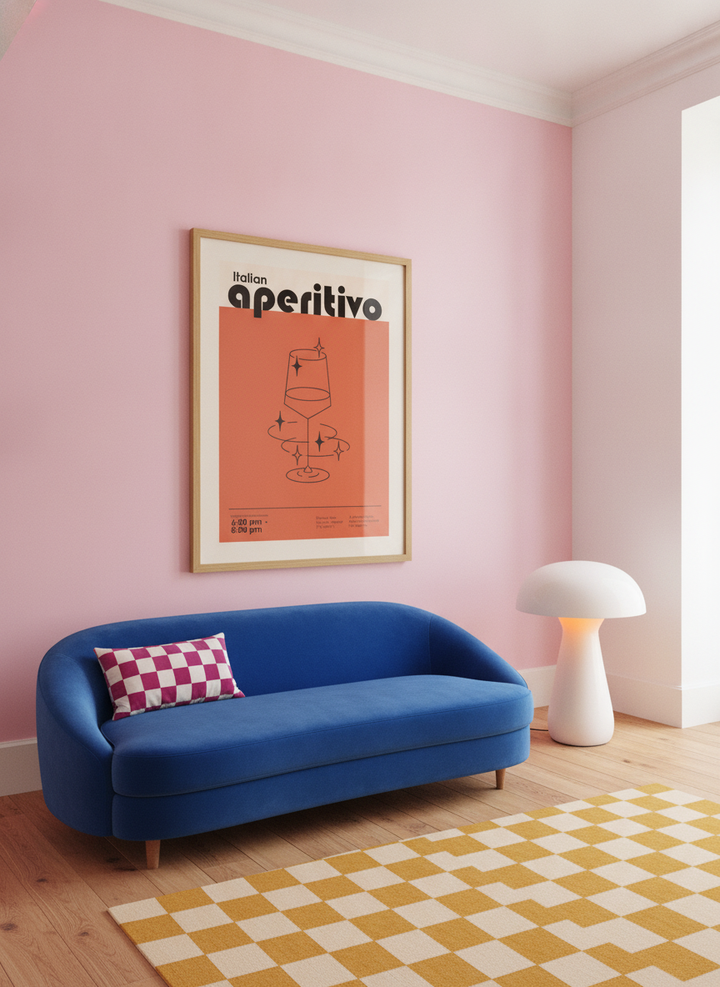 Oversized statement modern wall art print styled on the wall in a colourful eclectic living room