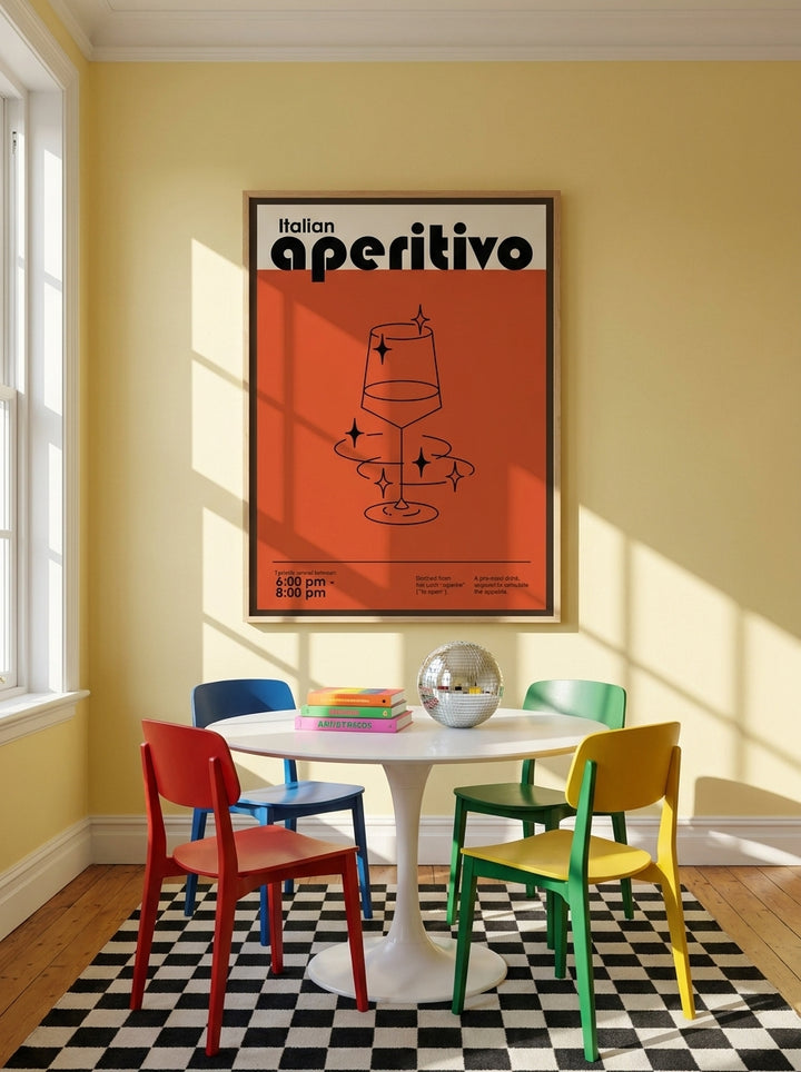 Oversized statement canvas wall art with a natural timber surround styled on the wall in a colourful eclectic dining room