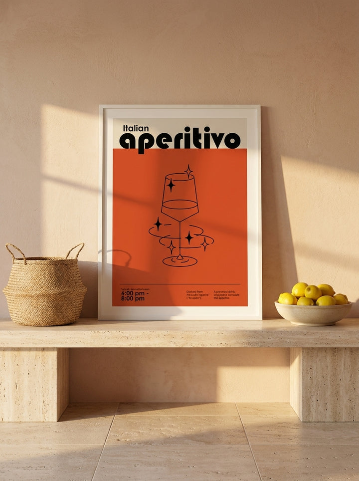 Modern wall art print standing on a console in a Mediterranean dining room