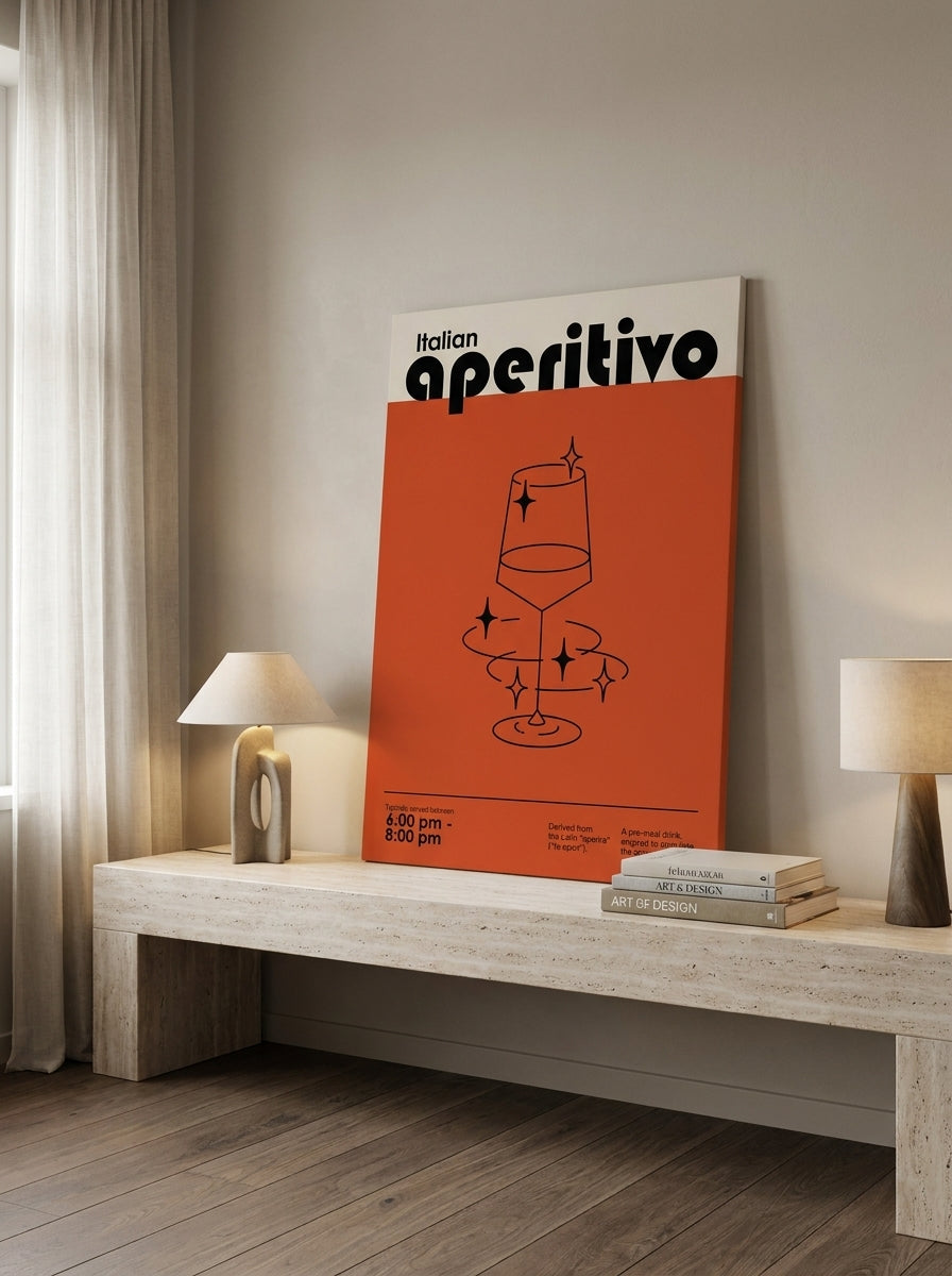 Stretched canvas wall art standing on a console in a luxe living room