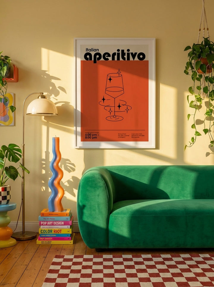 Modern wall art print styled on the wall in a colourful eclectic living room