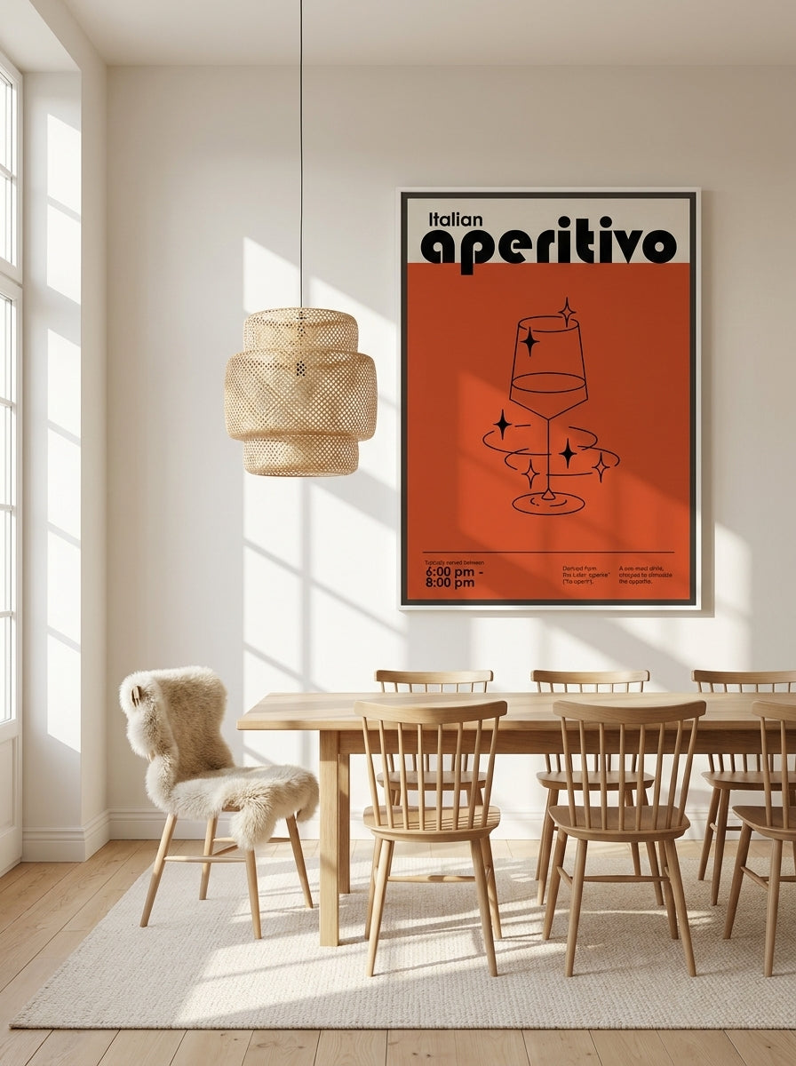 Oversized statement canvas wall art with a white surround styled on the wall in a bright Scandinavian dining room