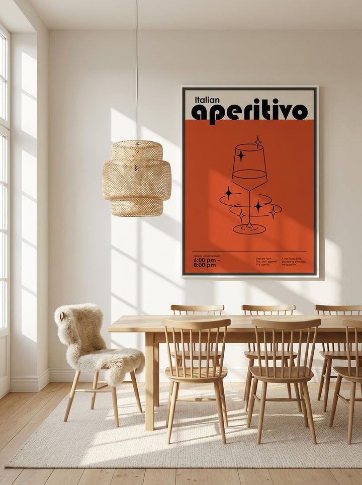 Oversized statement canvas wall art with a white surround styled on the wall in a bright Scandinavian dining room