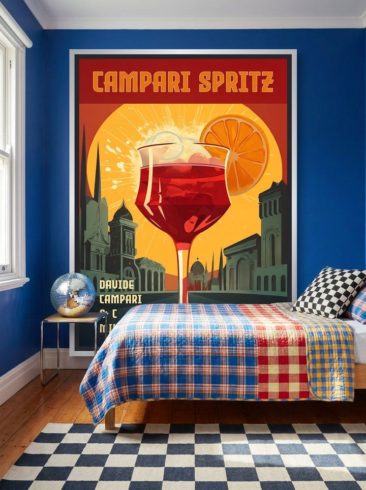 Canvas wall art with a silver leaf surround styled on the wall in a colourful eclectic bedroom