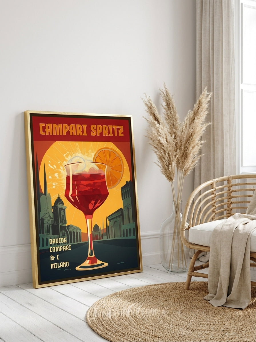 Canvas wall art with a gold leaf surround leaning against the wall in a coastal living room