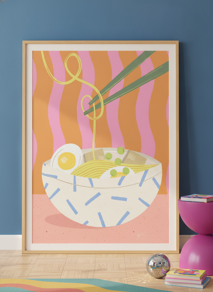 Oversized statement modern wall art print leaning against the wall in a colourful eclectic living room