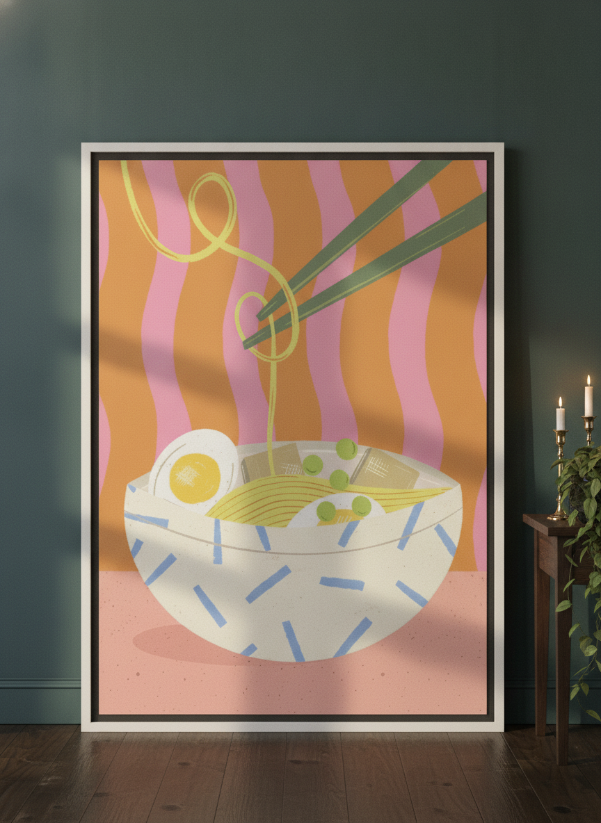 Oversized statement canvas wall art with a white surround leaning against the wall in a moody dining room