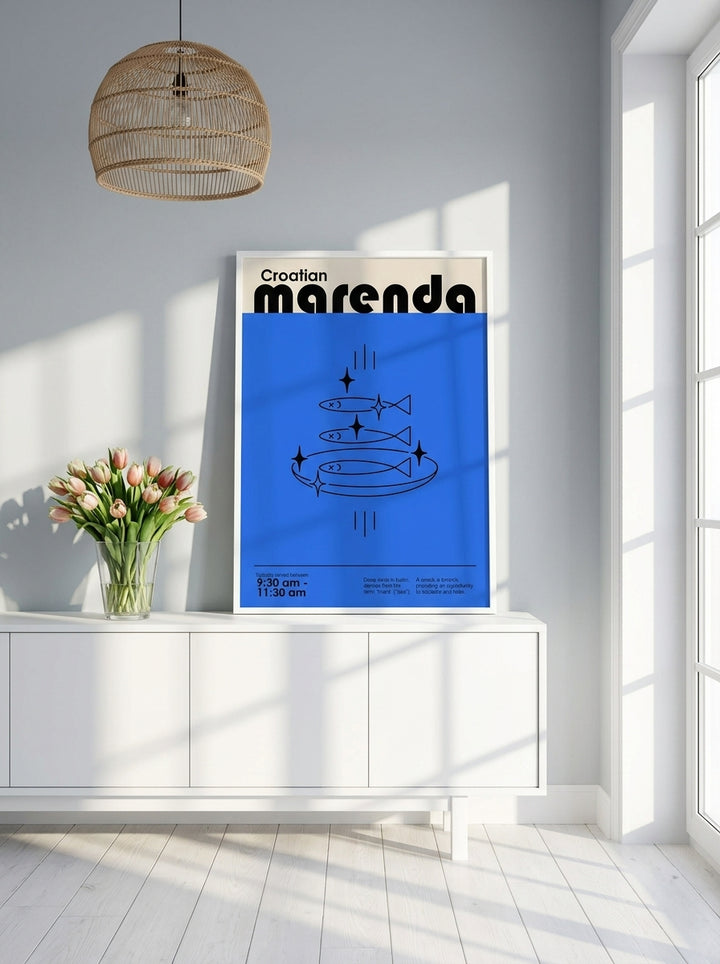 Modern wall art print standing on a sideboard in a bright Scandinavian living room