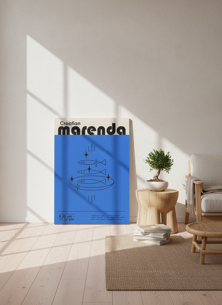 Stretched canvas wall art leaning against the wall in a warm Japandi living room