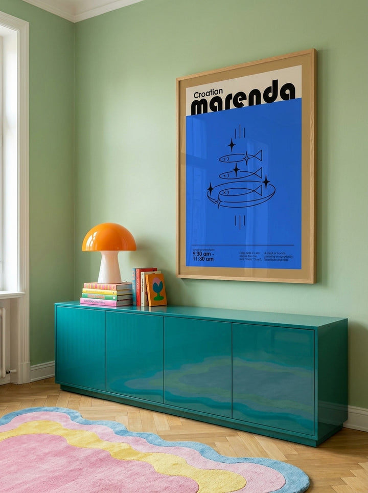 Oversized statement modern wall art print styled on the wall in a colourful eclectic living room