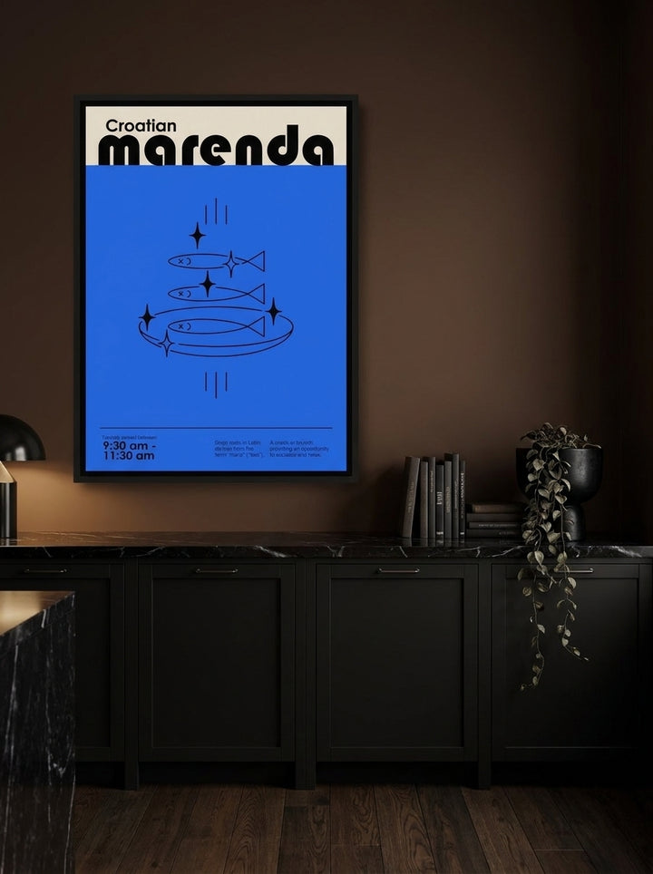 Canvas wall art with a black surround styled on the wall in a moody kitchen