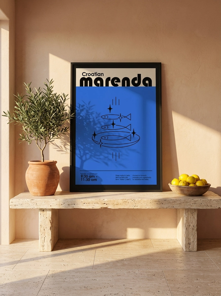 Modern wall art print styled on the wall in a Mediterranean kitchen