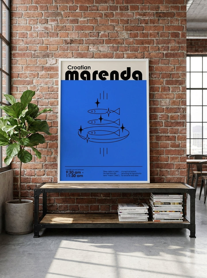 Modern wall art print standing on a console in an industrial loft dining room