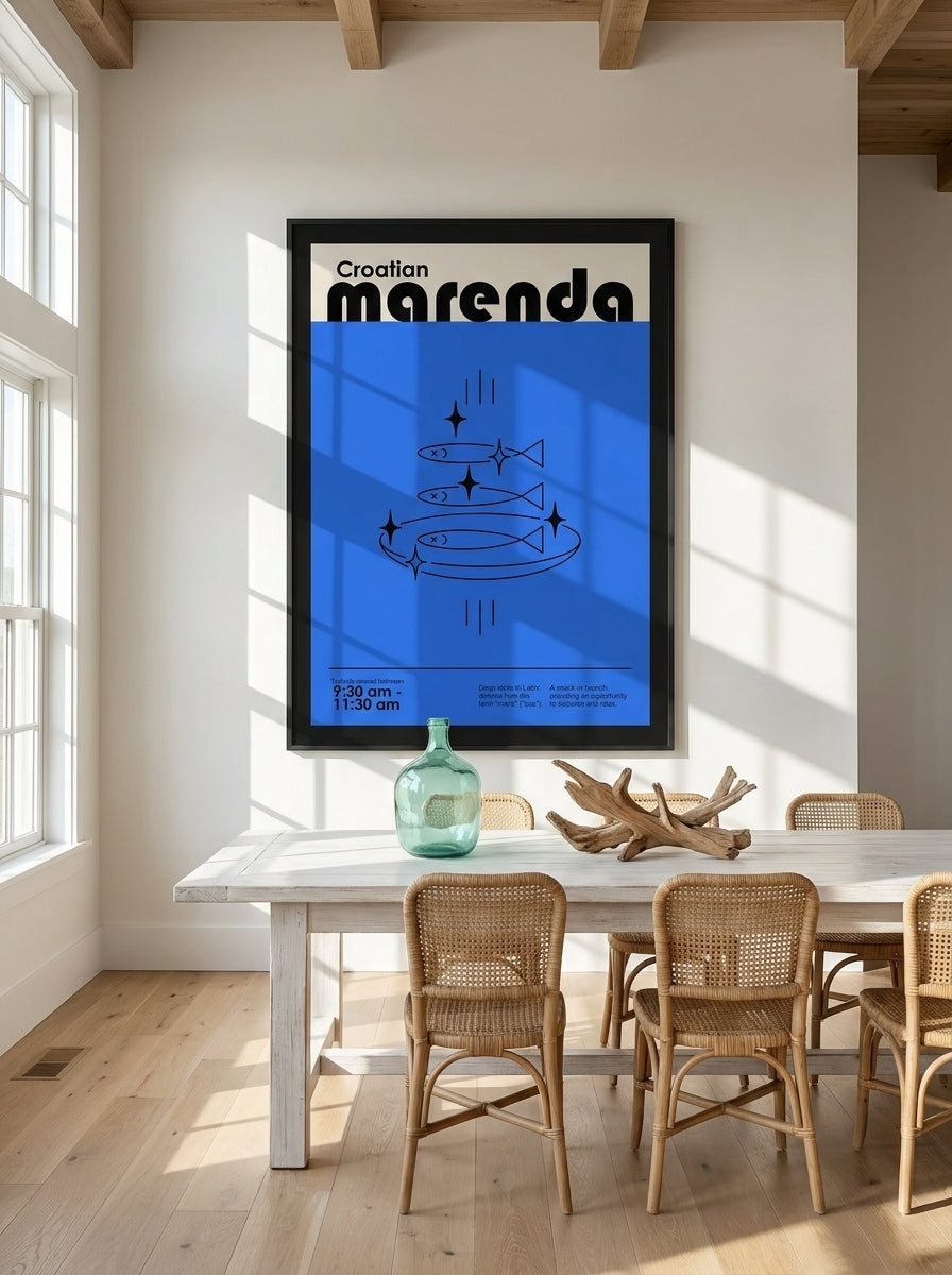 Oversized statement modern wall art print styled on the wall in a coastal dining room