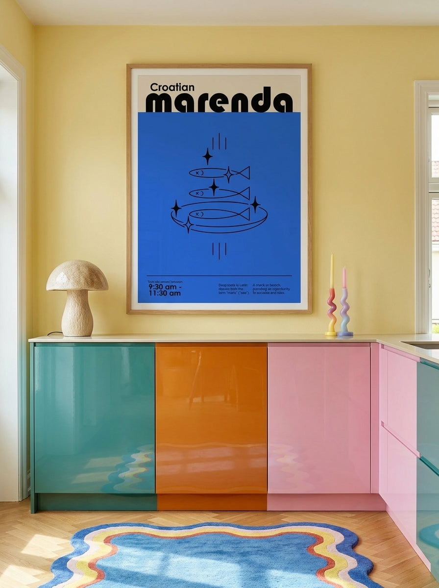 Modern wall art print styled on the wall in a colourful eclectic kitchen
