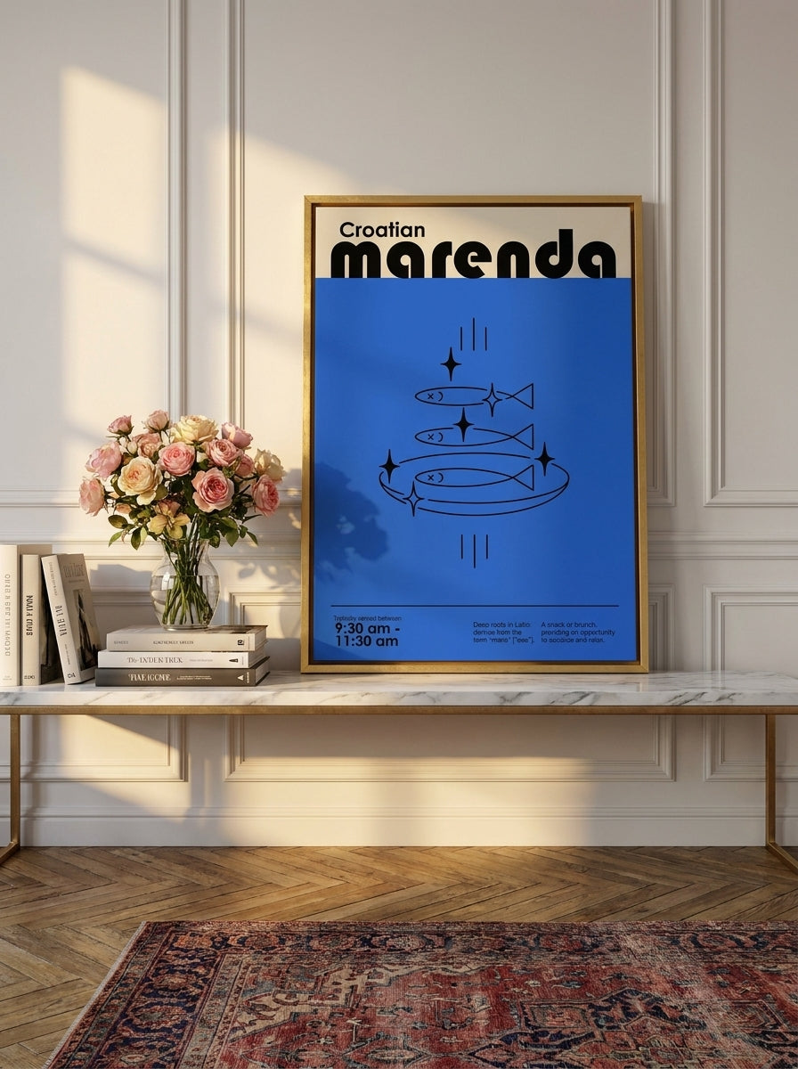 Canvas wall art with a gold leaf surround standing on a console in a Parisian living room