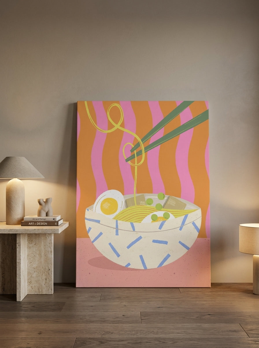 Stretched canvas wall art leaning against the wall in a luxe living room