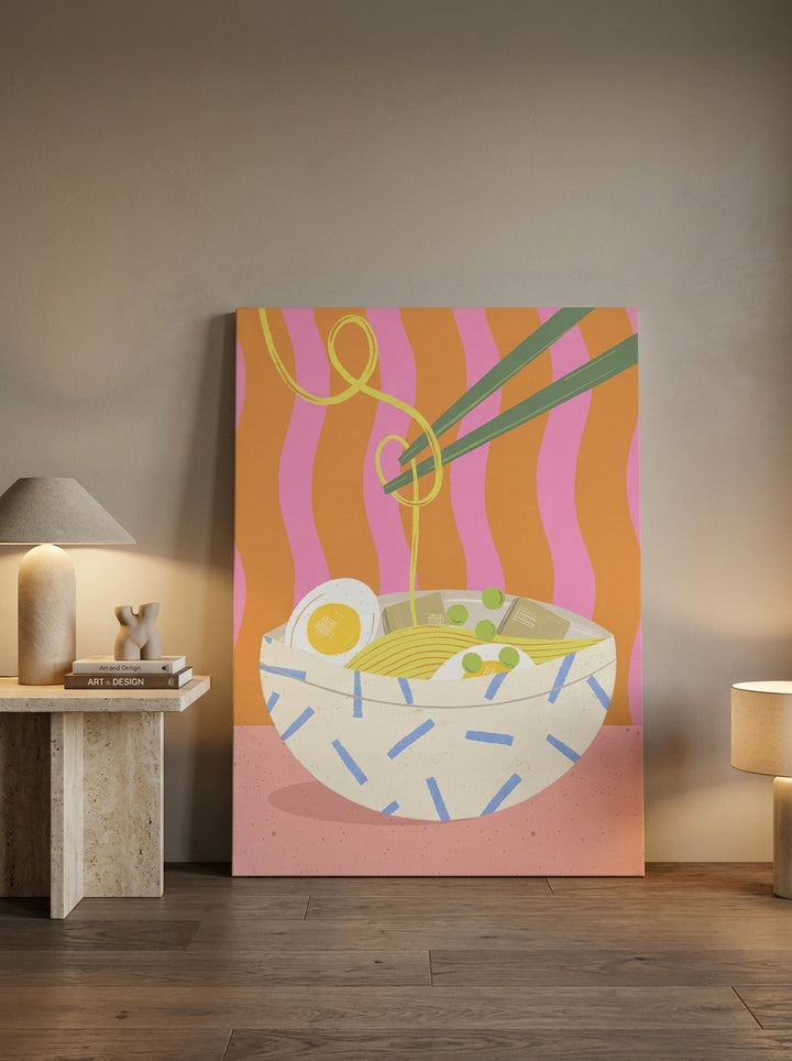 Stretched canvas wall art leaning against the wall in a luxe living room
