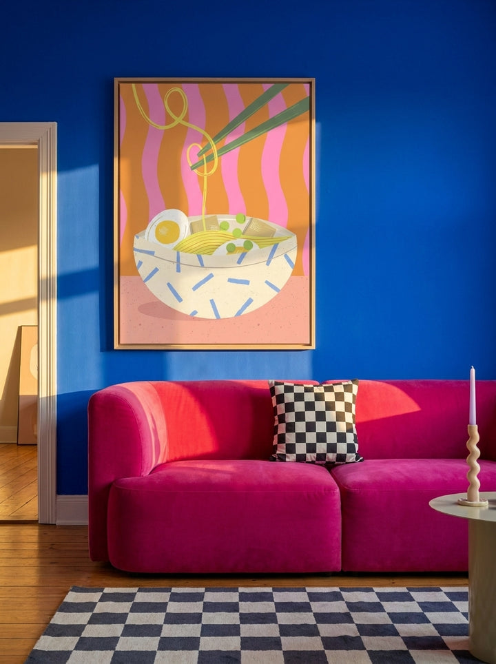 Oversized statement canvas wall art with a natural timber surround styled on the wall in a colourful eclectic living room