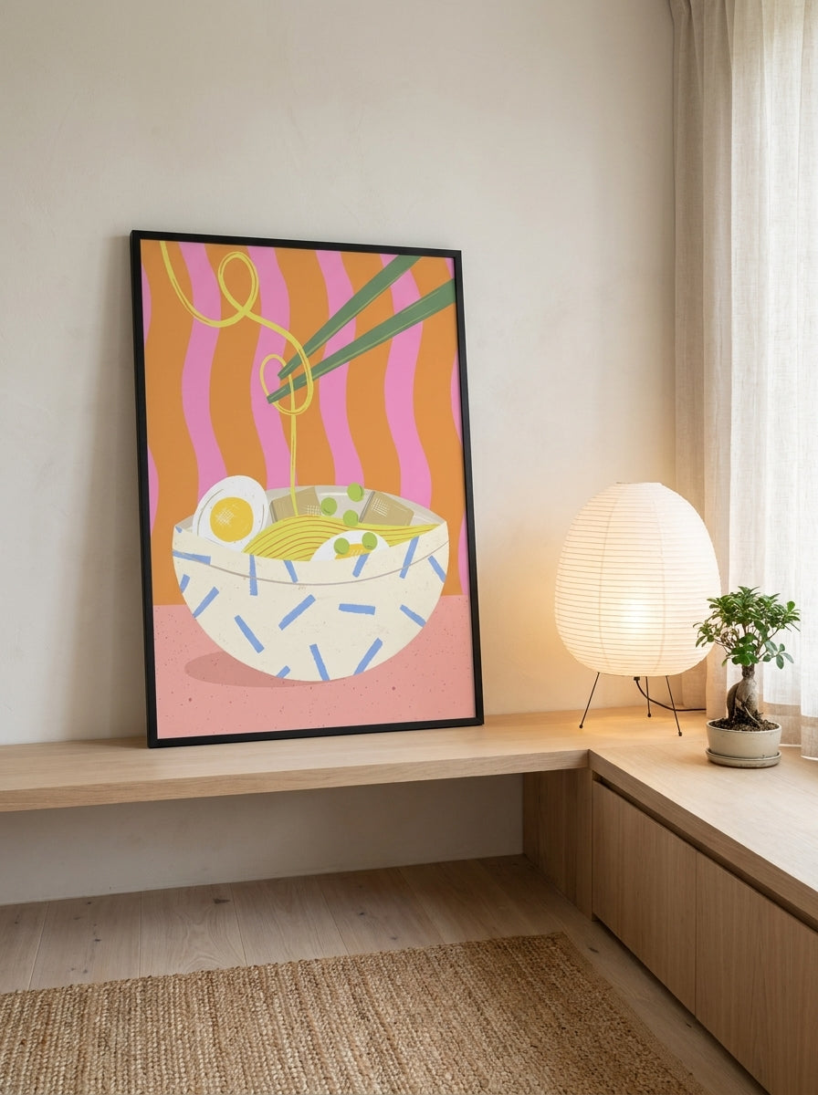 Canvas wall art with a black surround standing on a kitchen bench in a warm Japandi kitchen