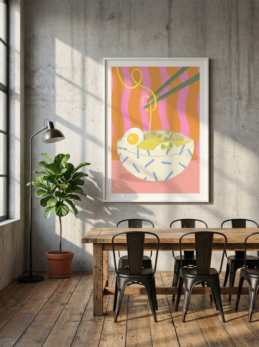 Modern wall art print styled on the wall in an industrial loft dining room