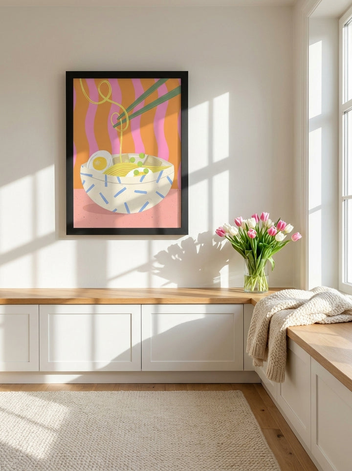 Modern wall art print styled on the wall in a bright Scandinavian kitchen