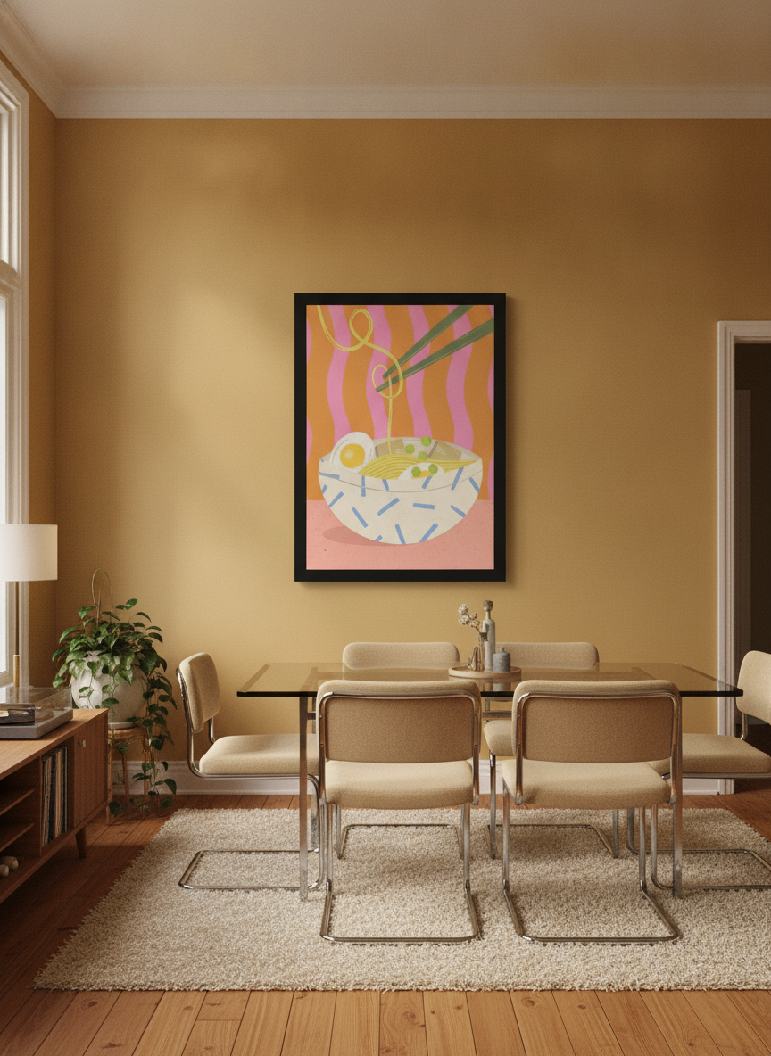 Oversized statement modern wall art print styled on the wall in a retro 70s dining room