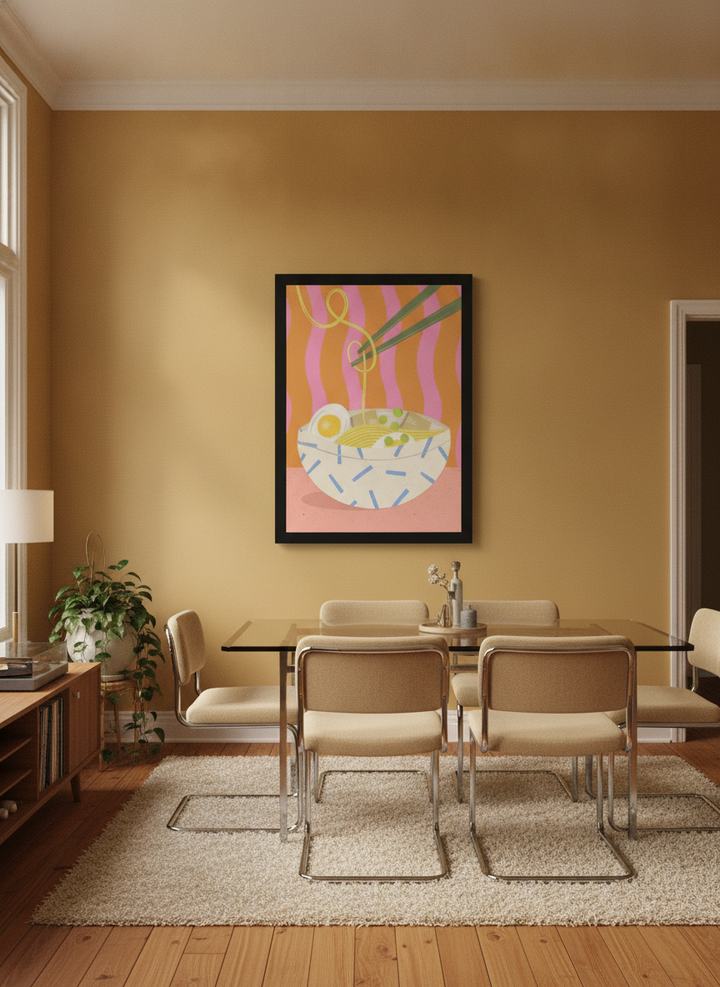 Oversized statement modern wall art print styled on the wall in a retro 70s dining room