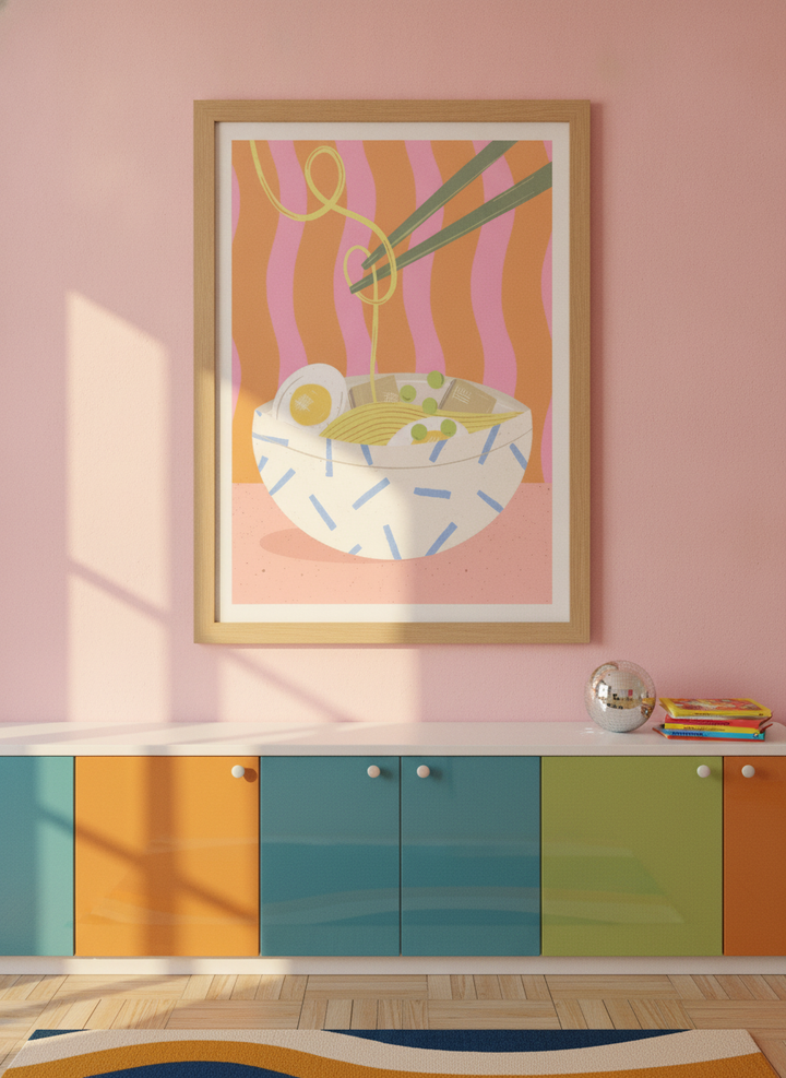Modern wall art print styled on the wall in a colourful eclectic kitchen