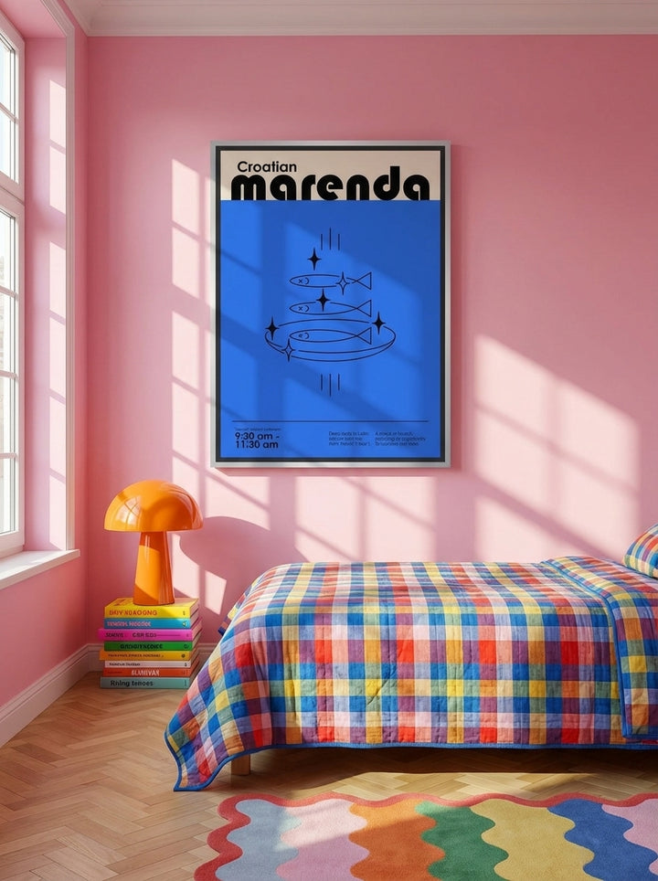 Canvas wall art with a silver leaf surround styled on the wall in a colourful eclectic bedroom