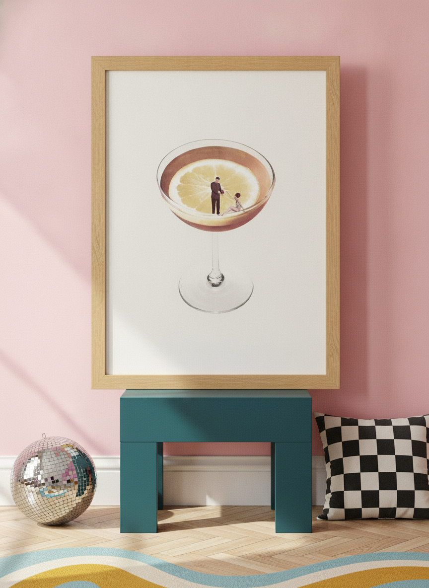Modern wall art print standing on a side table in a colourful eclectic living room