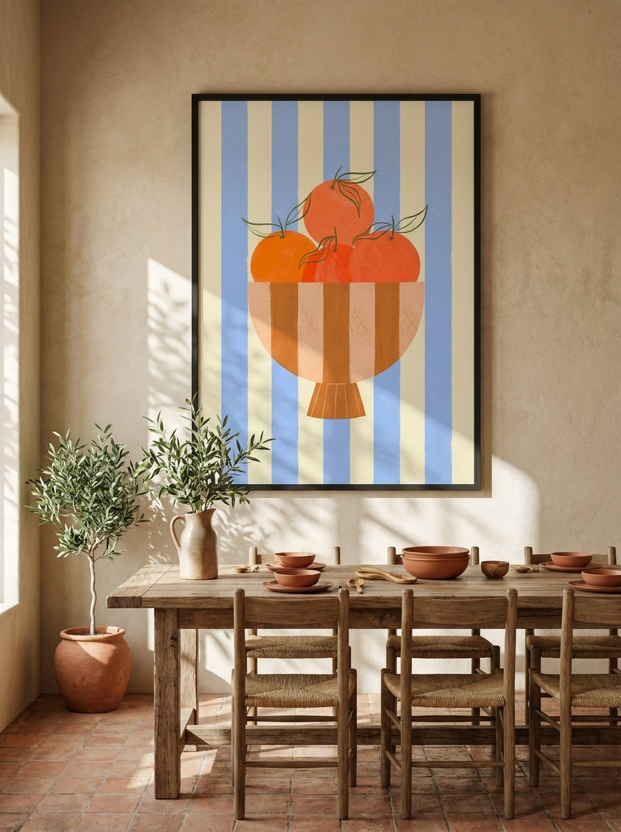 Oversized statement modern wall art print styled on the wall in a Mediterranean dining room