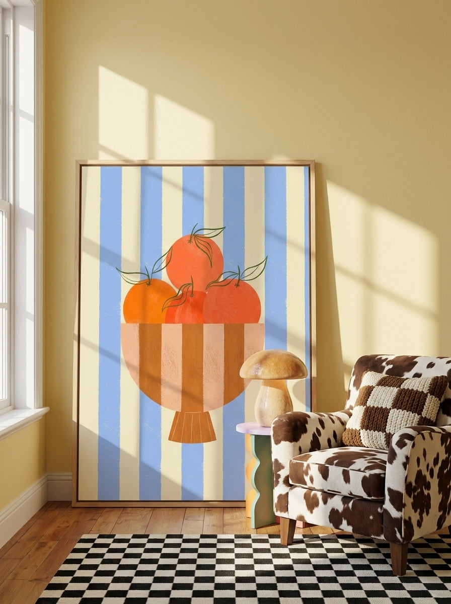 Oversized statement canvas wall art with a natural timber surround leaning against the wall in a colourful eclectic bedroom