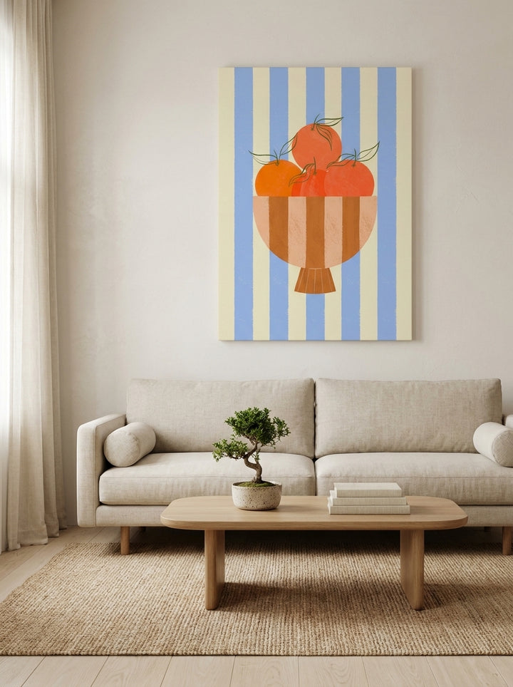 Stretched canvas wall art styled on the wall in a warm Japandi living room