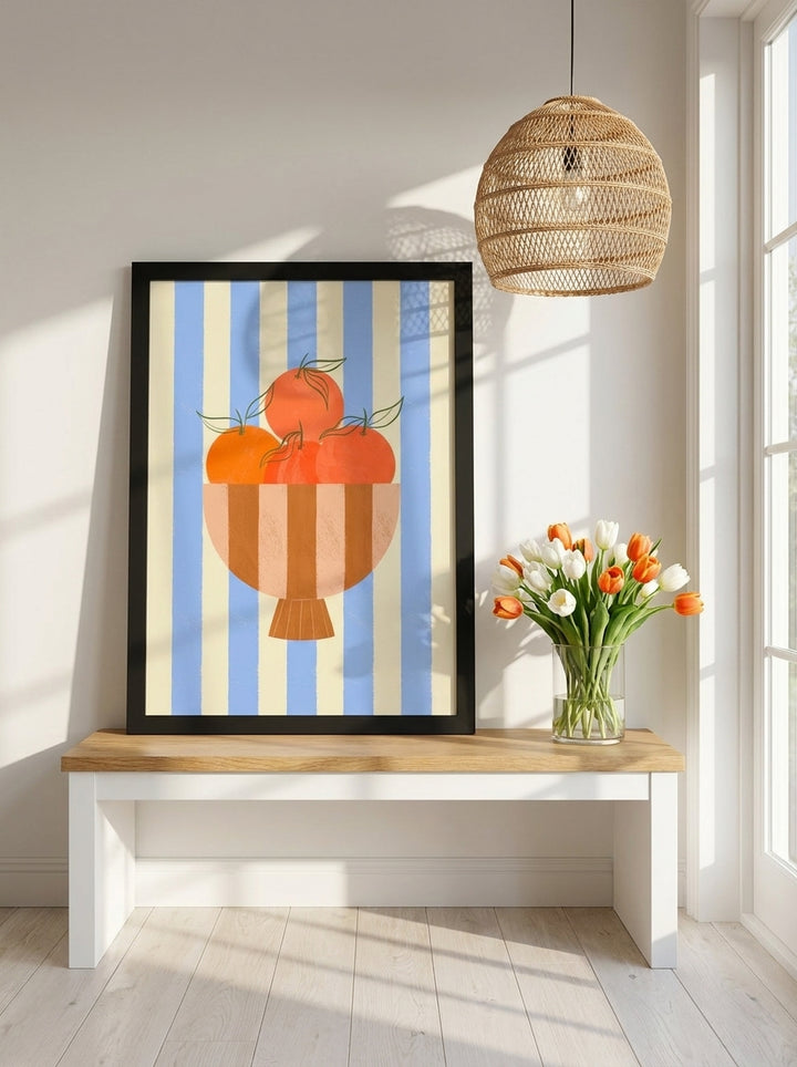 Modern wall art print standing on a kitchen bench in a bright Scandinavian kitchen
