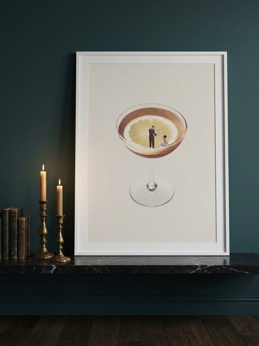 Modern wall art print standing on a kitchen bench in a moody kitchen