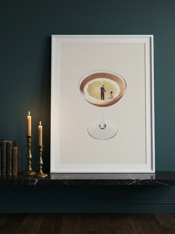 Modern wall art print standing on a kitchen bench in a moody kitchen