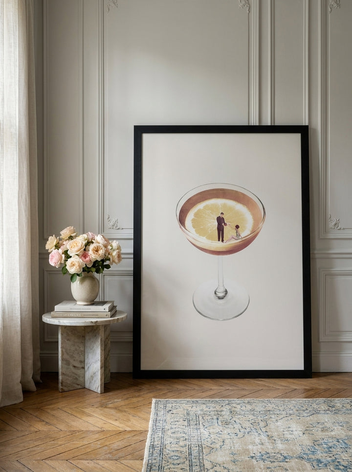 Oversized statement modern wall art print leaning against the wall in a Parisian dining room