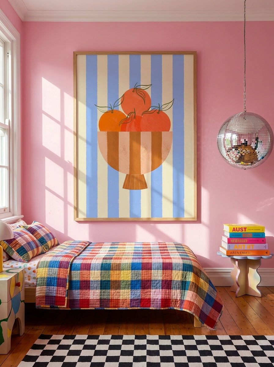 Oversized statement modern wall art print styled on the wall in a colourful eclectic bedroom
