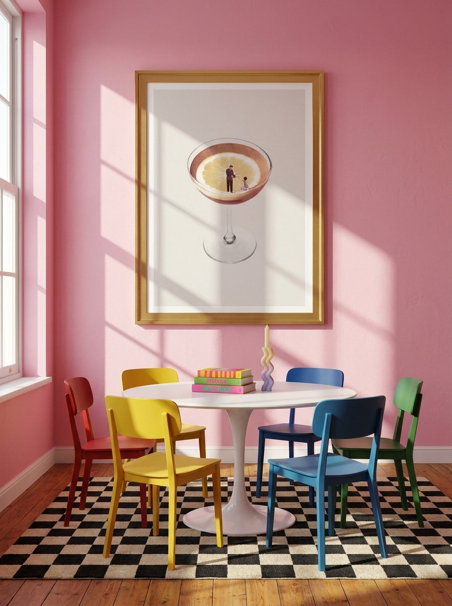 Modern wall art print styled on the wall in a colourful eclectic dining room