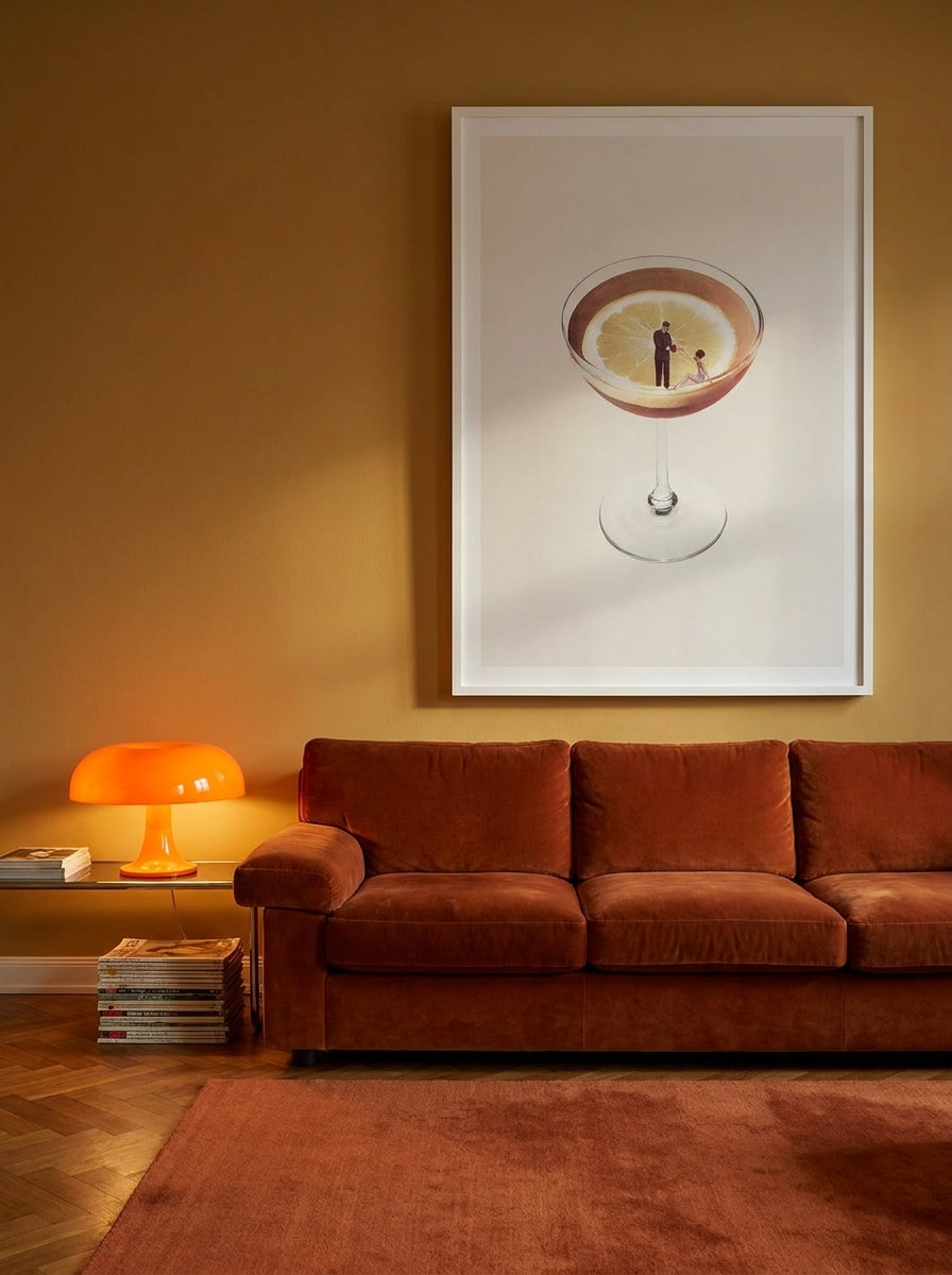 Oversized statement modern wall art print styled on the wall in a retro 70s living room